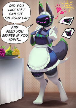 accessory anthro banana black_body black_fur bow_ribbon clothing food fruit fur garter grape green_markings hazard_symbol heart_symbol legwear machine maid_uniform male markings plant purple_eyes radiation_symbol solo speech_bubble stockings symbol tail text uniform alipse arcer_(fusionfox) protogen english_text hi_res