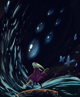 2_horns ambiguous_gender biped black_eyes cloak clothed clothing empty_eyes holding_melee_weapon holding_object holding_weapon horn lifeblood melee_weapon multi_eye red_cloak red_clothing solo standing thread water weapon zenala hollow_knight:_silksong hollow_knight_(franchise) team_cherry hornet_(hollow_knight) arthropod 2025 hi_res