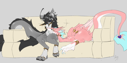 ambiguous_gender anthro black_hair blue_eyes blue_hair blue_nails colored_nails duo female fur furniture green_eyes grey_body grey_fur hair heterochromia intimate male male/female multicolored_eyes nails nude pink_body pink_fur red_eyes romantic romantic_ambiance romantic_couple sofa solo tail white_body white_fur adetuddymax mythology adetuddymax_(adetuddymax) dragon mythological_creature mythological_scalie scalie absurd_res hi_res
