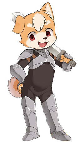 anthro armor breastplate clothed clothing countershading fangs fur gauntlets gloves greaves hand_on_hip handwear holding_melee_weapon holding_object holding_sword holding_weapon looking_at_viewer male melee_weapon shoulder_pads simple_background smile solo sword tail tan_body tan_fur teeth weapon white_background young young_anthro young_male manmosu_marimo canid canine canis domestic_dog mammal shiba_inu spitz