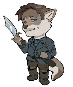 anthro belt blue_eyes boots bottomwear brown_hair cheek_tuft chibi clothed clothing coat facial_tuft footwear fully_clothed fur grey_body grey_fur hair holding_object holding_weapon knife long_tail looking_at_viewer male pointy_ears pose shoes short_hair shorts simple_background snout solo tail thick_tail topwear tuft weapon white_background white_body white_fur ddcrushh aldo_raine canid canine mammal digital_drawing_(artwork) digital_media_(artwork) full-length_portrait hi_res portrait