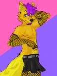 anthro bottomwear clothed clothing femboy fishnet_clothing fur hair looking_back male naughty_face nipples partially_clothed short_hair skirt solo standing toony yellow_body yellow_fur gumiboie varu canid canine canis dingo fox hybrid mammal 2019 digital_media_(artwork) hi_res