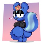 1:1 accessory anthro anus big_butt black_eyes blue_body breasts butt clothing female flower flower_in_hair genitals hair hair_accessory happy_tree_friends heart_symbol hi_res mammal mephitid petunia_(htf) plant pussy short_stack simple_background skunk solo squashortstacks sweater tail thick_thighs topwear