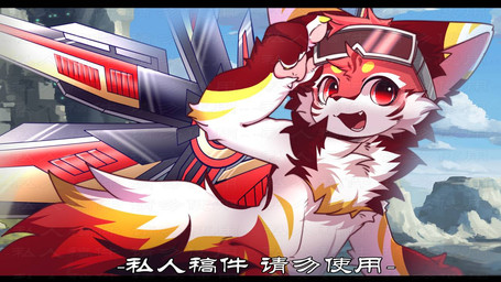 anthro big_eyes biped cute_fangs eyewear eyewear_on_head fangs fur goggles goggles_on_head kemono male open_mouth open_smile red_body red_eyes red_fur robotic_wing slim_anthro slim_male smile solo teeth white_body white_fur hlg7777 canid canine fox mammal 2021