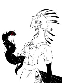anthro black_arms breasts clothing collared_shirt dress_shirt female fishnet_clothing hair head_feathers holding_object medium_breasts non-mammal_breasts red_eyes shirt solo topwear jmaf33r accipitriform avian bird reptile scalie secretary_bird snake 3:4 hi_res