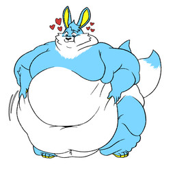 2_tails anthro front_view hair happy male morbidly_obese morbidly_obese_anthro morbidly_obese_male multi_tail nude nude_anthro nude_male obese obese_anthro obese_male overweight overweight_anthro overweight_male self_grope short_hair solo standing tail painttherabbit shinespark_(rabbit) lagomorph leporid mammal rabbit 1:1 2025 hi_res