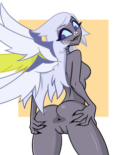 anus blue_eyes butt choker eyelashes female freckled_face freckles genitals grey_body grey_skin hair jewelry long_eyelashes long_hair necklace nude prosthetic_wing solo spread_butt spreading tongue tongue_out vulva white_hair wings aptom7747 hazbin_hotel hellaverse emily_(hazbin_hotel) angel angel_humanoid humanoid seraph_(angel) absurd_res hi_res