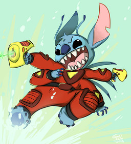 4_arms 4_fingers 4_toes antennae_(anatomy) back_spines black_eyes blue_body blue_claws blue_fur blue_nose blue_pawpads claws clothed clothing dipstick_antennae dual_wielding feet fingers fur head_tuft holding_object holding_weapon multi_arm multi_limb multicolored_antennae notched_ear open_mouth open_smile pawpads plasma_blaster_(lilo_and_stitch) plasma_gun ranged_weapon smile solo spacesuit toes tuft weapon g-cho disney lilo_and_stitch stitch_(lilo_and_stitch) alien experiment_(lilo_and_stitch) 2015 digital_media_(artwork)