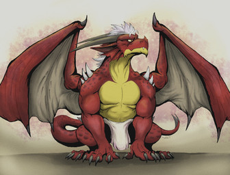 2_horns abs all_fours anthro arm_spikes black_claws bottomwear bulge claws clothed clothing ear_frill elbow_spikes fangs frill_(anatomy) hair horn loincloth long_horn male membrane_(anatomy) membranous_wings muscular muscular_anthro muscular_male pecs pupils red_body red_scales scales serious shoulder_spikes slit_pupils solo spiked_tail spikes spikes_(anatomy) tail teeth topless white_hair wing_claws wings yellow_body elhaz mythology dragon mythological_creature mythological_scalie scalie 2025 digital_media_(artwork) hi_res signature