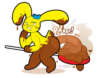 ambiguous_gender anthro biped blush blush_stickers bow_accessory candy chocolate dessert dripping excessive_feces feces food food_feces fur heart_(marking) lollipop looking_pleasured markings open_:3 pooping scatplay simple_background solo sound_effects stink_fumes text vowelless vowelless_sound_effect white_background yellow_body yellow_fur fairyfudge fakemon peeps mochamel_(theonetruesinner) lagomorph leporid living_marshmallow mammal rabbit artist_name digital_media_(artwork) female_(lore)