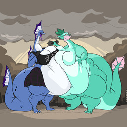 belly belly_overhang belly_squish big_belly feeding feeding_another feeding_each_other female huge_belly kaijune macro morbidly_obese morbidly_obese_female mutual_weight_gain obese obese_female overweight overweight_female squish blakeroats sinfullapis mythology dragon kaiju monster mythological_creature mythological_scalie scalie 1:1 absurd_res hi_res