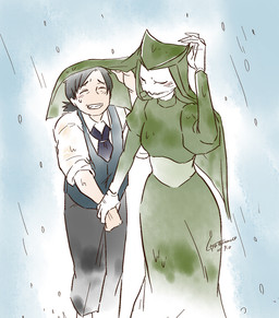 claws clothing dress duo female green_clothing green_dress hand_holding male raining sharp_teeth skeletal teeth white_body white_skin guchiyama douglas_(guchiyama) nihil_(guchiyama) human humanoid mammal monster