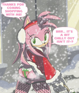 anthro aroused bangs bedroom_eyes bodily_fluids christmas_clothing christmas_present clothing dialogue dripping_wet eyelashes female fishnet_clothing fishnet_legwear fur genital_fluids gift green_eyes hair holidays legwear long_eyelashes long_hair narrowed_eyes panties pink_body pink_fur quill_hair quills_(anatomy) raised_tail seductive snow speech_bubble spiky_hair steam steamy_breath steamy_vulva tail text text_on_clothing underwear vaginal_fluids namejeff christmas sega sonic_the_hedgehog_(series) amy_rose eulipotyphlan hedgehog mammal english_text hi_res