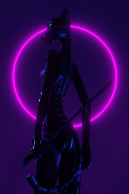 anthro backlighting biped blue_eyes circle cyberpunk dark female glowing glowing_eyes katana light looking_at_viewer looking_back looking_back_at_viewer machine melee_weapon neon_lights purple_body rear_view solo standing sword weapon phlegraofmystery onyx_(phlegraofmystery) android cheetah felid feline mammal robot 2:3 3d_(artwork) blender_(artwork) digital_media_(artwork) hi_res lighting pink_theme portrait three-quarter_portrait