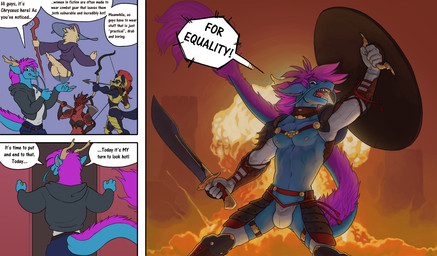 anthro armor arrow_(weapon) axe barbel_(anatomy) blue_body blue_skin bow_(weapon) bulge claws clothing cool_guys_don't_look_at_explosions explosion female flesh_whiskers fur greaves hair hat headgear headwear jockstrap male mane melee_weapon midriff nipples pauldron poleyn purple_body purple_fur purple_hair purple_mane quiver_(object) ranged_weapon shield solo staff tail tail_mane tail_tuft teeth tuft unconvincing_armor underwear vambrace weapon pheel asian_mythology east_asian_mythology mythology chryseus avian canid canine dragon eastern_dragon mammal mythological_creature mythological_scalie scalie 2015 comic hi_res