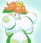 2018 absurd_res areola big_areola big_breasts big_nipples bodily_fluids breast_squeeze breasts elemental_creature female flora_fauna flower generation_5_pokemon hand_on_breast hi_res holding_breast huge_breasts humanoid lactating lilligant milk navel nintendo nipples non-mammal_breasts non-mammal_nipples not_furry orange_eyes plant pokemon pokemon_(species) puffy_areola shmeepo simple_background solo squeezing white_body white_skin