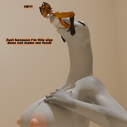 anthro duo female female_pred larger_female looking_pleasured male male/female size_difference standing swallowing text vore worried c127tgtfs canid canine fox mammal reptile scalie snake 1:1 english_text hi_res