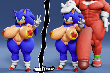 accessory anthro anthro_on_anthro balls big_breasts big_penis blue_body blue_fur breasts clothing crossgender curvy_figure duo eyelashes female footwear fur genitals gesture gloves green_eyes hand_gesture hand_on_head hand_on_hip handwear huge_breasts huge_penis hyper hyper_genitalia hyper_penis larger_male male male/female mtf_crossgender muscular muscular_anthro muscular_male nipples penis red_body red_clothing red_footwear red_fur red_shoes shoes simple_background size_difference smaller_female socks text thick_thighs tongue tongue_out v_sign vulva white_clothing white_footwear white_gloves white_handwear white_socks wide_hips vulkyasha sega sonic_the_hedgehog_(series) knuckles_the_echidna sonic_the_hedgehog echidna eulipotyphlan hedgehog mammal monotreme 3:2 3d_(artwork) artist_name digital_media_(artwork) hi_res