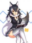 2017 3:4 animal_humanoid black_hair book book_on_lap bottomwear breasts canid canid_humanoid canine canine_humanoid clothed clothing crossed_legs female fluffy fluffy_tail gloves grey_hair grey_wolf_(kemono_friends) hair handwear heterochromia hi_res holding_object holding_pen holding_writing_utensil humanoid ikomochi kemono_friends legwear mammal mammal_humanoid necktie object_on_lap open_mouth pen shirt sitting skirt solo tail thigh_highs topwear wolf_humanoid writing_utensil