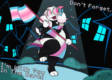 anthro black_clothing black_hoodie black_legwear black_thigh_highs black_topwear bow_ribbon clothing eyewear female flag flag_(object) flower_accessory fur glasses gradient_fur holding_flag holding_object hoodie horn humanoid_hands legwear lgbt_pride pink_body pink_fur pride_color_flag pride_colors round_glasses smile solo stirrup_legwear text thigh_highs topwear transfeminine_pride_colors transgender_pride_colors walking white_body white_fur apollysabyss deltarune lgbt_pride_month undertale_(series) ralsei bovid caprine goat mammal 2026 digital_drawing_(artwork) digital_media_(artwork) english_description english_text hi_res