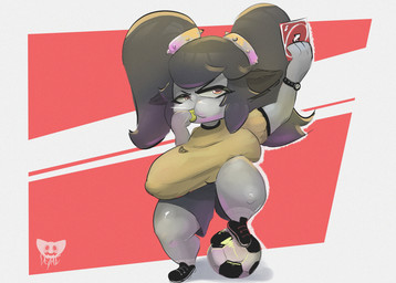 alternate_costume angry ball big_breasts black_bottomwear black_clothing black_hair black_shorts blowing bottomwear breasts card clock clothing female footwear hair huge_breasts humanoid_pointy_ears logo nipple_outline pigtails pointy_ears red_eyes referee shirt shoes short_stack shorts simple_background sneakers soccer soccer_ball solo spiked_headwear sport standing topwear watch whistle_(object) yellow_clothing yellow_shirt yellow_topwear deyminuggets league_of_legends riot_games tencent uno_reverse_card noxus_poppy_(lol) poppy_(lol) humanoid mammal yordle 2025 absurd_res artist_logo hi_res