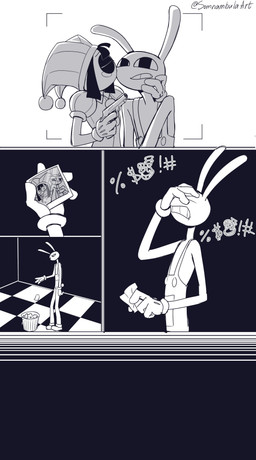 anthro caine_censorship censor_bar censored_dialogue duo emotional female flashback kissing_cheek larger_male male male/female memory photo remorse size_difference smaller_female solo surprise_kiss somnambulaart glitch_productions the_amazing_digital_circus jax_(tadc) pomni_(tadc) humanoid absurd_res comic hi_res