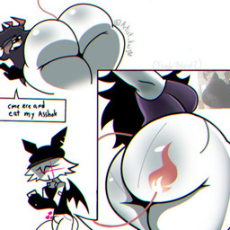 anthro big_breasts big_butt blush body_blush breasts butt butt_focus duo female female/female looking_at_viewer looking_back male presenting presenting_hindquarters speech_bubble text thick_thighs fpe kaijin fan_character 1:1