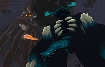 3_eyes balls bodily_fluids duo erection first_person_view genital_fluids genitals horn humanoid_genitalia looking_at_viewer looking_down looking_down_at_viewer low-angle_view male male/male mouthless multi_eye muscular not_furry nude open_mouth penis plant simple_background unusual_anatomy unusual_genitalia unusual_penis jodelr microsoft minecraft mojang xbox_game_studios creaking_(minecraft) elemental_creature elemental_humanoid flora_fauna humanoid monster plant_humanoid warden_(minecraft) digital_media_(artwork) hi_res