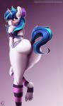 2018 5_toes accessory anthro blue_hair blue_tail blush bow_(feature) bow_accessory bow_ribbon butt clothing conditional_dnp crossgender cutie_mark digital_media_(artwork) equid equine feet female friendship_is_magic hair hair_accessory hair_bow hair_ribbon hasbro hi_res horn humanoid_feet legwear long_hair looking_at_viewer mammal my_little_pony mythological_creature mythological_equine mythology plantigrade ribbons shining_armor_(mlp) soles solo sugarlesspaints tail toes unicorn