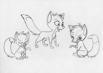 ambiguous_gender feral looking_at_viewer open_mouth personal_grooming quadruped simple_background sitting smile solo standing tail toony white_background stefan_fjeldmark jungledyret_hugo rita_(jungledyret) canid canine fox mammal 1991 concept_art model_sheet monochrome official_art traditional_media_(artwork) female_(lore)