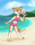 4_toes 5_fingers anthro beach bent_arm bikini bikini_shorts blue_sky cheek_tuft clothing cloud clown_mask eyebrows facial_tuft feet female fingers fur holding_object humanoid_hands looking_at_viewer mask mask_off midriff mountain nails navel open_mouth orange_body orange_ears orange_fur pattern_clothing pattern_topwear pink_bikini_bottom pink_bikini_top plant polka_dot_bikini polka_dots sand sea seaside sky slim solo spots spotted_clothing spotted_topwear swimwear tan_body tan_fur tankini teeth toes topwear tree tuft two-piece_swimsuit water white_body white_fur yellow_eyes p1ngu1ne domestic_cat felid feline felis mammal 2022 absurd_res digital_media_(artwork) hi_res shaded