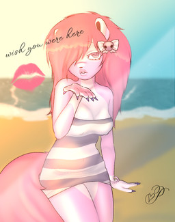 accessory anthro beach bow_ribbon breasts cleavage clothed clothing colored_nails female hair hair_accessory hair_bow hair_over_eye hair_ribbon kiss_mark nails nipple_outline ribbons solo tube_dress nayanabo pookie(nayanabo) mammal mephitid skunk