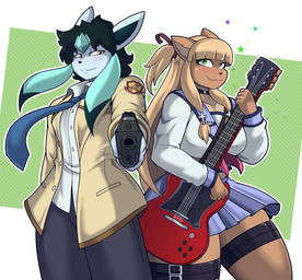 accessory anthro anthrofied asian_clothing black_hair bottomwear clothing collar duo east_asian_clothing electric_guitar female guitar gun hair handgun holding_gun holding_handgun holding_object holding_pistol holding_ranged_weapon holding_weapon jacket japanese_clothing japanese_school_uniform long_hair male musical_instrument necktie pistol pleated_skirt plucked_string_instrument pokemorph ranged_weapon sailor_collar school_uniform serafuku shirt simple_background skirt slacks smile string_instrument thick_thighs thigh_strap topwear uniform weapon white_clothing white_shirt white_topwear cepsil0n angel_beats! nintendo pokemon jace_(tamashii) marie_(misuzugon) eeveelution generation_4_pokemon glaceon pokemon_(species) absurd_res hi_res