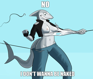 anthro assisted_exposure bottomwear breasts clothing clothing_theft female fish_hook gloves handwear hook jacket nipples non-mammal_breasts pants solo stealing text topwear torn_clothing joeyjazz aquatic fish shark absurd_res hi_res meme