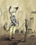 ahoge ambiguous_gender anthro belt bound captured clothing fur hair jacket kemono necktie rope solo standing tail topwear whiskers namaneko domestic_cat felid feline felis mammal 4:5 hi_res