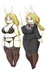 anthro big_breasts blonde_hair blue_eyes bottomwear bra braided_hair breasts brown_bra brown_clothing brown_legwear brown_lingerie brown_panties brown_stockings brown_underwear cheek_tuft cleavage clothed clothing cotton_tail eyelashes eyewear facial_tuft female fur glasses grey_bottomwear grey_clothing grey_jacket grey_skirt grey_topwear hair jacket jewelry legwear lingerie looking_at_viewer navel necklace off/on panties shirt simple_background skirt solo stockings teacher teacher_clothing thick_thighs topwear tuft underwear white_background white_clothing white_shirt white_topwear wide_hips yellow_body yellow_fur kjm_video lagomorph leporid mammal rabbit hi_res