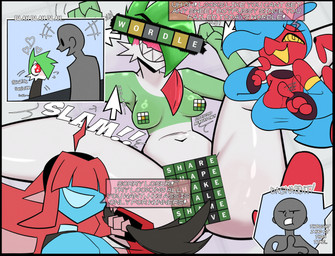 anthro black_border blush border breasts covered_eyes covered_vulva dialogue female green_hair group hair insult insulting_viewer male mean open_mouth restrained speech_bubble talking_to_viewer text thick_thighs corruptedcryptid nintendo pokemon wordle art_(corruptedcryptid) gardevoir generation_1_pokemon generation_3_pokemon generation_4_pokemon humanoid mammal pokemon_(species) porygon porygon-z absurd_res digital_media_(artwork) english_text hi_res trans_(lore) trans_man_(lore)
