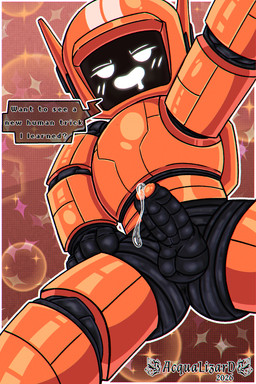 balls black_body bodily_fluids dialogue genital_fluids genitals humanoid_genitalia looking_at_viewer machine male male/male metallic_body not_furry orange_body penis precum robophilia robotic robotic_arm size_difference small_balls small_penis smaller_male solo text young acqua_lizard love_death_+_robots netflix k-vrc android humanoid monitor_head robot robot_humanoid 2:3 absurd_res hi_res