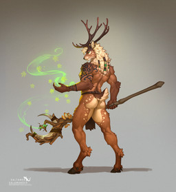 accessory ankle_tuft anthro antlers arm_tattoo arm_tuft beads bottomwear brown_body brown_fur butt clothed clothing druid ear_piercing ear_ring elbow_tuft fur green_eyes hair_accessory hair_beads holding_object holding_staff hooves horn leg_tuft loincloth loincloth_only looking_at_viewer looking_back looking_back_at_viewer magic magic_staff magic_user male markings muscular muscular_anthro muscular_male nipples piercing ring_piercing scut_tail short_tail shoulder_tattoo simple_background solo spots spotted_markings staff standing tail tattoo text topless topless_anthro topless_male tribal_spellcaster tuft saltamor deer mammal 2025 artist_name hi_res url