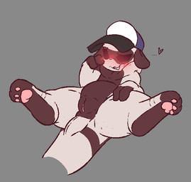 blush blush_lines blushing_profusely clothing female feral genitals grey_background hat hat_only headgear headgear_only headwear headwear_only heart_symbol mostly_nude pawpads semi-anthro simple_background solo spread_legs spreading vulva botanics rain_world videocult fan_character unnamed_hat_scug_(botanics) slugcat