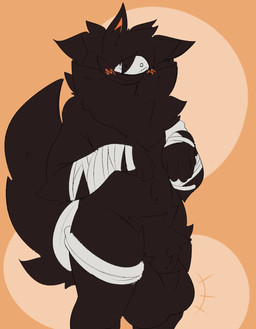 animal_genitalia anthro background_color balls bandage big_balls big_sheath big_tail black_body black_fur blush fur genitals male nude sheath solo standing tail goobleckful snoos_(goobleckful) mammal hi_res