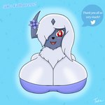 anthro anthrofied big_breasts blue_background blush breasts brooch clothing dress female forehead_gem gem happy huge_breasts pokemorph simple_background solo tight_clothing tetz_(artist) nintendo pokemon maya_(tetz) absol generation_3_pokemon pokemon_(species) 1:1 bust_portrait hi_res portrait