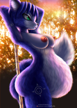 anthro areola belly big_belly big_breasts big_butt black_nose blue_body blue_fur blue_hair breasts butt female fluffy fluffy_tail fur green_eyes hair hot_dogging multicolored_body multicolored_tail nipples outside pole pregnant sex short_hair smile solo tail text two_tone_body white_body v-tal nintendo star_fox krystal_(star_fox) canid canine fox mammal absurd_res english_text hi_res url