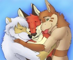 anthro blue_background cuddling green_eyes group hug male simple_background tongue rick_griffin nintendo pokemon fan_character fuzzypaws karishad_(housepets!) rick_griffin_(character) canid canine fox furret generation_2_pokemon mammal mustelid pokemon_(species)