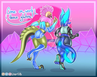 anthro big_butt blush bodily_fluids bottomwear butt butt_slap claws clothed clothing contact_onomatopoeia curvy_figure dialogue duo electronics exercise feathers footwear glowing headphones hourglass_figure huge_thighs impact_onomatopoeia jogging male onomatopoeia open_mouth running scales sickle_claw slap smack_(sound_effect) sound_effects spanking sunset surprised synthwave tail text thick_thighs tight_clothing toe_claws topwear wide_hips wingedwilly mythology baroo flay_(wingedwilly) dinosaur dragon dromaeosaurid feathered_dinosaur feathered_scalie mythological_creature mythological_scalie prehistoric_species reptile scalie theropod digital_media_(artwork) english_text