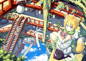 armwear bare_shoulders black_hair blonde_hair blue_eyes blush bottomwear clothed clothing cloud detached_sleeves detailed_background dipstick_tail duo_focus female fully_clothed group hair high-angle_view high_place lamp lantern leaf markings outside paper_lantern scarf scenery short_hair sitting skirt sky smile stairs tail tail_markings thin_calves thin_legs thin_thighs tongue walking water poco kitsune_(poko) animal_humanoid canid canid_humanoid canine canine_humanoid fox fox_humanoid humanoid mammal mammal_humanoid digital_media_(artwork) full-length_portrait hi_res portrait