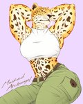 abs anthro belt biceps big_breasts bottomwear breasts brown_belt brown_body brown_fur brown_spots clothed clothing eyelashes female fur green_bottomwear green_clothing green_pants hands_behind_head looking_at_viewer markings muscular muscular_anthro muscular_female orange_body orange_fur pants pose purple_background red_eyes simple_background solo spots spotted_body thick_thighs topwear whiskers white_body white_clothing white_fur white_topwear wide_hips maskedarchangel bloody_roar konami shina_(bloody_roar) felid leopard mammal pantherine 4:5 hi_res signature