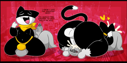 anthro backsack balls big_butt black_body black_border black_fur bodily_fluids border bulge butt clothed clothed_anthro clothed_male clothing cum dialogue dipstick_tail duo ejaculation eyes_closed facesitting fur fur_markings genital_fluids genitals gloves_(marking) grey_body heart_symbol kerchief leg_markings male male/male male_anthro male_penetrated male_penetrating male_penetrating_male markings multicolored_body multicolored_fur neckerchief neckwear open_mouth open_smile oral oral_penetration outline penetration penile penile_penetration penis penis_in_mouth pink_tongue sex sitting sitting_on_another smile socks_(marking) tail tail_markings talking_to_another text thong tongue two_tone_body two_tone_fur underwear vein veiny_penis white_body white_fur white_tail_tip yellow_clothing yellow_kerchief yellow_neckerchief yellow_thong yellow_underwear tunemon atlus megami_tensei persona_(series) persona_5 sega morgana_(persona) ych_(character) domestic_cat felid feline felis mammal 2024 digital_media_(artwork) english_text