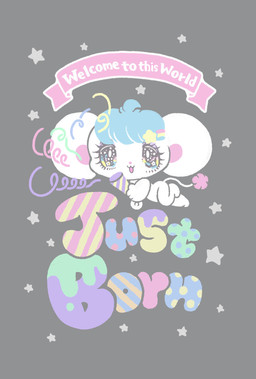 accessory alternative_fashion ambiguous_gender anthro bangs big_ears big_eyes blue_hair chibi eyelashes fairy_kei fur glistening glistening_eyes hair hair_accessory hairclip j-fashion kemono nude on_model open_mouth simple_background smile solo tail text white_body yurie_sekiya peropero_sparkles melo_(peropero_sparkles) alien mammal mouse murid murine rodent digital_drawing_(artwork) digital_media_(artwork) english_text hi_res official_art pastel_theme