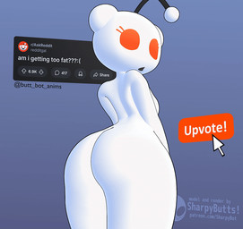 antennae_(anatomy) big_butt butt butt_jiggle eyelashes female huge_butt huge_thighs jiggling logo looking_at_viewer looking_back looking_back_at_viewer low-angle_view narrow_shoulders orange_eyes rear_view screencap small_waist solo thick_thighs upvote white_body sharpybutts reddit snoo humanoid 3d_(artwork) 3d_animation animated artist_logo digital_media_(artwork) loop